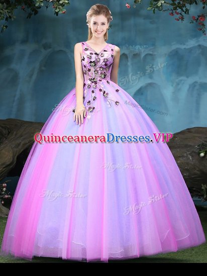 Traditional Multi-color Lace Up V-neck Appliques 15 Quinceanera Dress Tulle Sleeveless - Click Image to Close