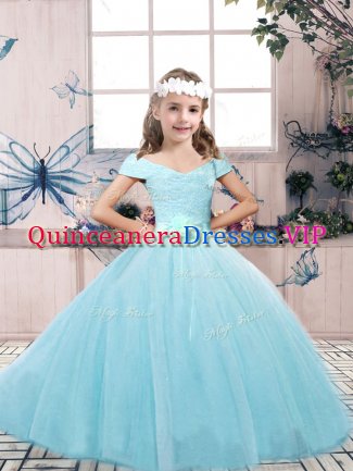 Pretty Aqua Blue Ball Gowns Off The Shoulder Sleeveless Tulle Floor Length Lace Up Lace and Belt Little Girl Pageant Gowns