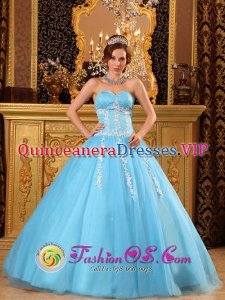 MarreroLouisiana/LA Baby Blue and White Appliques Ruching Bodice For Quinceanera Dress With Sweetheart Neckline and Tulle Skirt