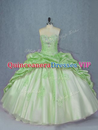 Organza and Taffeta Sleeveless Vestidos de Quinceanera Brush Train and Beading and Appliques and Pick Ups