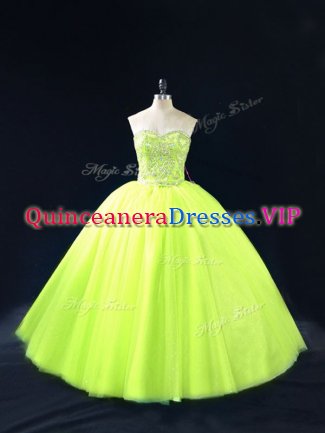 Flare Yellow Green Ball Gowns Tulle Sweetheart Sleeveless Beading Floor Length Lace Up Vestidos de Quinceanera