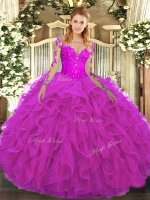 Stunning Fuchsia Scoop Lace Up Lace and Ruffles 15th Birthday Dress Long Sleeves(SKU SJQDDT1206002-3BIZ)