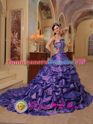 Eggplant Purple Appliques Decorate Bust Hand Made Flowers Ninilchik Alaska/AK Quinceanera Gowns With Pick-ups And Chapel Train