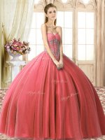 Great Coral Red 15th Birthday Dress Military Ball and Sweet 16 and Quinceanera with Beading Sweetheart Sleeveless Lace Up