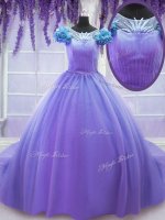 Scoop Lavender Short Sleeves Tulle Court Train Lace Up Ball Gown Prom Dress for Military Ball and Sweet 16 and Quinceanera