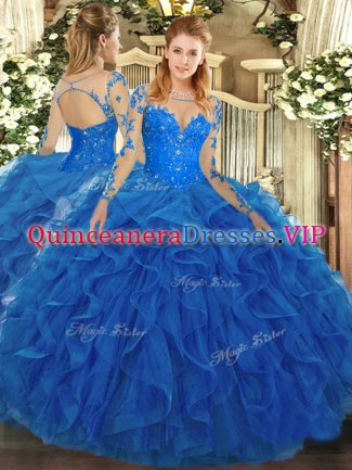 Blue Scoop Neckline Lace and Ruffles Vestidos de Quinceanera Long Sleeves Lace Up