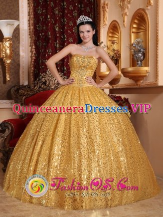 Obernburg Germany Gold Ball Gown and Appliques Decorate Bodice For Quinceanera Dress by Paillette Over Skirt