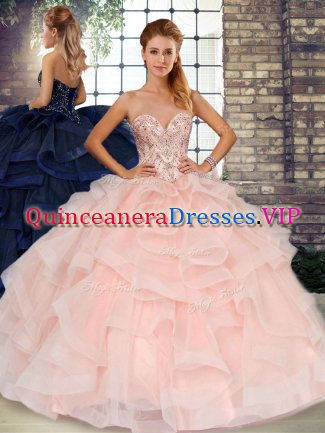 Beading and Ruffles Quinceanera Dresses Baby Pink Lace Up Sleeveless Floor Length