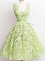 Yellow Green Lace Zipper Straps Sleeveless Knee Length Quinceanera Court of Honor Dress Lace