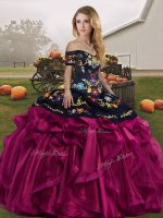 Fuchsia Organza Lace Up Off The Shoulder Sleeveless Floor Length Vestidos de Quinceanera Embroidery and Ruffles(SKU SJQDDT2154002-11BIZ)