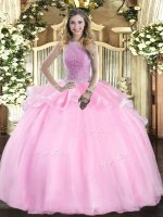 Comfortable Ball Gowns Quinceanera Dress Pink High-neck Organza Sleeveless Floor Length Lace Up(SKU SJQDDT1449002-3BIZ)