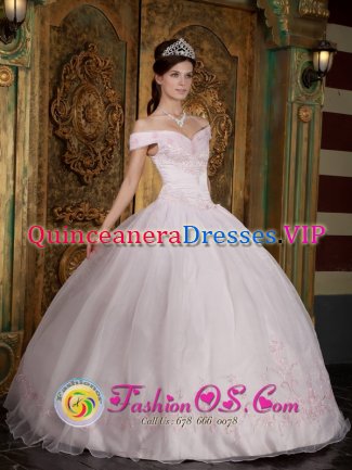 Bern Switzerland Organza Modest Light Pink Organza and Satin Quinceanera Dress With Off The Shoulder Neckline Appliques Decorate