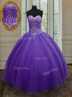 Fine Floor Length Lace Up Sweet 16 Dresses Eggplant Purple for Military Ball and Sweet 16 and Quinceanera with Beading