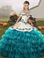 Off The Shoulder Sleeveless Quinceanera Dress Floor Length Embroidery and Ruffled Layers Teal Organza