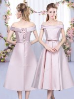 Glamorous Tea Length A-line Sleeveless Baby Pink Court Dresses for Sweet 16 Lace Up