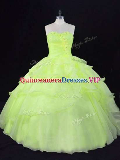 Flare Sleeveless Floor Length Ruffles and Hand Made Flower Lace Up Quinceanera Gown with Yellow Green - Click Image to Close