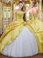 Adorable Taffeta Strapless Sleeveless Lace Up Beading and Hand Made Flower Sweet 16 Dresses in Gold