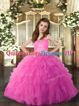 Hot Pink Ball Gowns Ruffles Little Girls Pageant Gowns Lace Up Tulle Sleeveless Floor Length