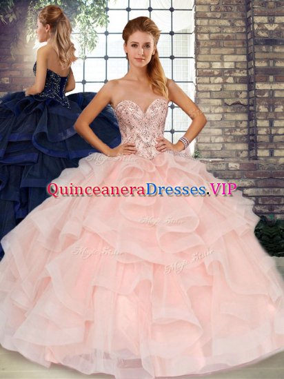 Beading and Ruffles Quinceanera Dresses Baby Pink Lace Up Sleeveless Floor Length - Click Image to Close