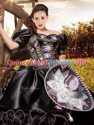 Vintage Off the Shoulder Black Organza and Taffeta Lace Up Quinceanera Dresses Short Sleeves Floor Length Embroidery and Ruffles