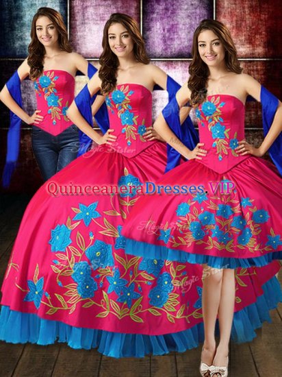 Hot Pink Three Pieces Strapless Sleeveless Taffeta Floor Length Lace Up Embroidery Quinceanera Dresses - Click Image to Close