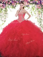 Discount Floor Length Lace Up Quinceanera Gowns Red for Military Ball and Sweet 16 and Quinceanera with Beading(SKU YSQD016-1BIZ)