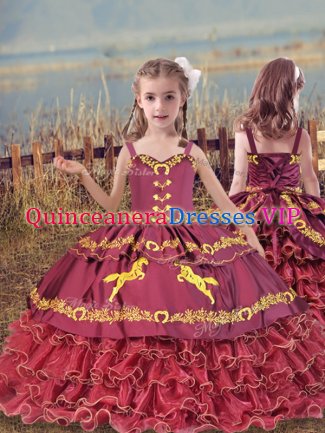 Graceful Wine Red Straps Neckline Beading and Embroidery and Ruffled Layers Kids Pageant Dress Sleeveless Lace Up