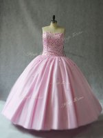 Traditional Beading Sweet 16 Dresses Pink Lace Up Sleeveless Floor Length