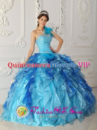 Ewell Surrey Aqua Blue One Shoulder Discount Quinceanera Dress Beaded Bodice Satin and Organza Ball Gown