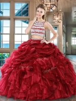 Wine Red Sweet 16 Dress Military Ball and Sweet 16 and Quinceanera with Beading and Ruffles and Pick Ups Scoop Sleeveless Backless