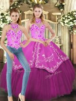 Fuchsia Quinceanera Gowns Military Ball and Sweet 16 and Quinceanera with Embroidery Halter Top Sleeveless Lace Up(SKU SJQDDT1274009BIZ)