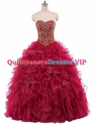 Sophisticated Wine Red Organza Lace Up Quinceanera Gowns Sleeveless Floor Length Beading and Ruffles