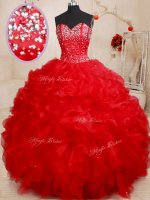 Glittering Red Organza Lace Up Sweetheart Sleeveless Floor Length Quinceanera Dress Beading and Ruffles