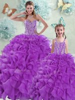 Sexy Organza Sweetheart Sleeveless Brush Train Lace Up Beading and Ruffles Quinceanera Dresses in Eggplant Purple