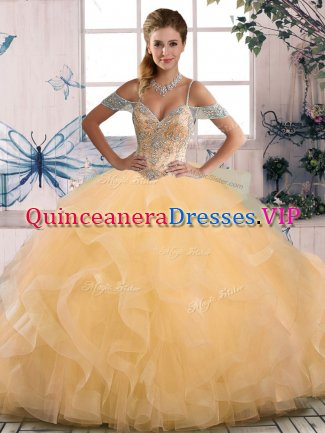 Ball Gowns Quinceanera Dress Gold Off The Shoulder Tulle Sleeveless Floor Length Lace Up