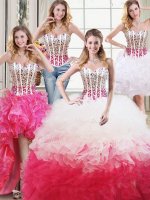 Four Piece White and Red Sleeveless Organza Lace Up Sweet 16 Quinceanera Dress for Military Ball and Sweet 16 and Quinceanera