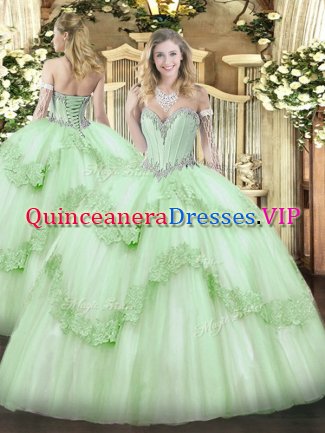 Luxury Sleeveless Floor Length Beading and Appliques Lace Up Quince Ball Gowns with Apple Green