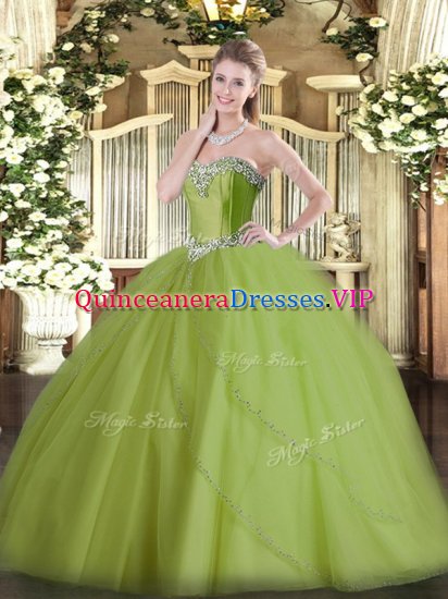 Deluxe Sweetheart Sleeveless Quinceanera Gown Brush Train Beading Olive Green Tulle - Click Image to Close