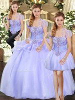 Floor Length Lace Up Quinceanera Gowns Lavender for Military Ball and Sweet 16 and Quinceanera with Beading and Appliques