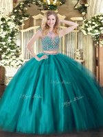 Teal Lace Up Sweet 16 Quinceanera Dress Beading Sleeveless Floor Length