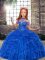 Super Tulle High-neck Sleeveless Lace Up Beading and Ruffles Pageant Gowns For Girls in Blue