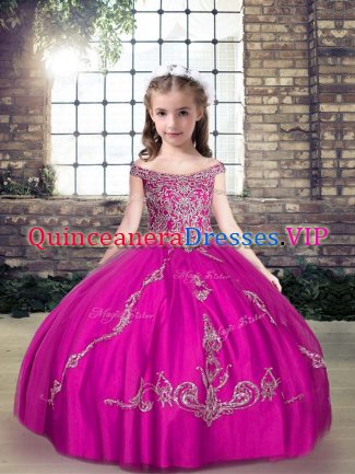 Nice Sleeveless Tulle Floor Length Lace Up Custom Made Pageant Dress in Fuchsia with Beading and Appliques