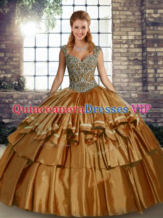 Fabulous Brown Straps Neckline Beading and Ruffled Layers Quinceanera Gown Sleeveless Lace Up