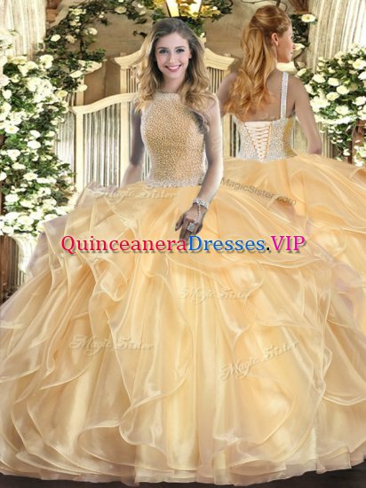 High-neck Sleeveless Organza 15th Birthday Dress Beading and Ruffles Lace Up - Click Image to Close