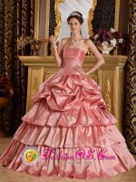 Erfurt Germany Watermelon Red For Discount Floor-length Quinceanera Dress With Strapless Pick-ups and Beading(SKU QDZY284y-6BIZ)