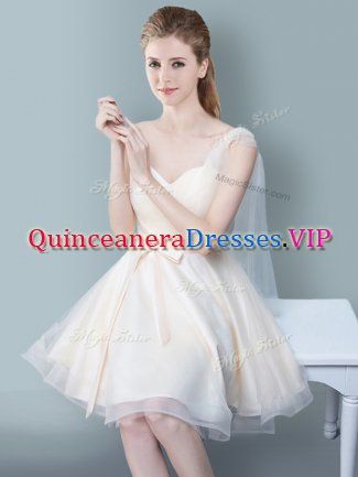 Perfect One Shoulder Champagne Sleeveless Ruching and Bowknot Knee Length Quinceanera Dama Dress