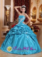 Appliques Decorate Pick-ups Taffeta and Floor-length Teal Strapless Quinceanera Dress For Nagua Dominican Republic