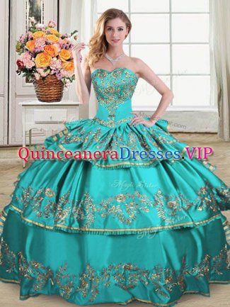 Aqua Blue Ball Gowns Sweetheart Sleeveless Satin and Organza Floor Length Lace Up Embroidery and Ruffled Layers Quinceanera Dresses