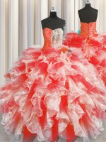 Glittering Organza Sleeveless Floor Length 15th Birthday Dress and Beading and Ruffles