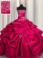 Hot Pink Quinceanera Dresses Military Ball and Sweet 16 and Quinceanera with Appliques and Pick Ups Strapless Sleeveless Lace Up